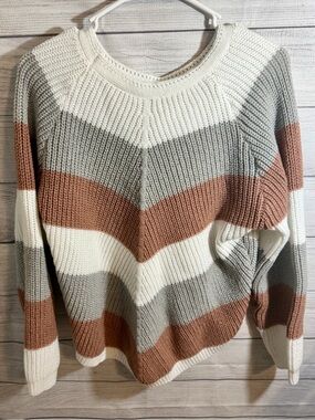 SHEIN Chevron Stripe Crewneck Sweater - Cream, Gray & Brown